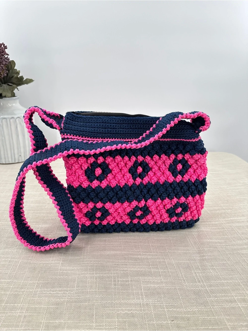 Vintage Knitility Crochet Shoulder Bag Hot Pink Navy Structured Purse